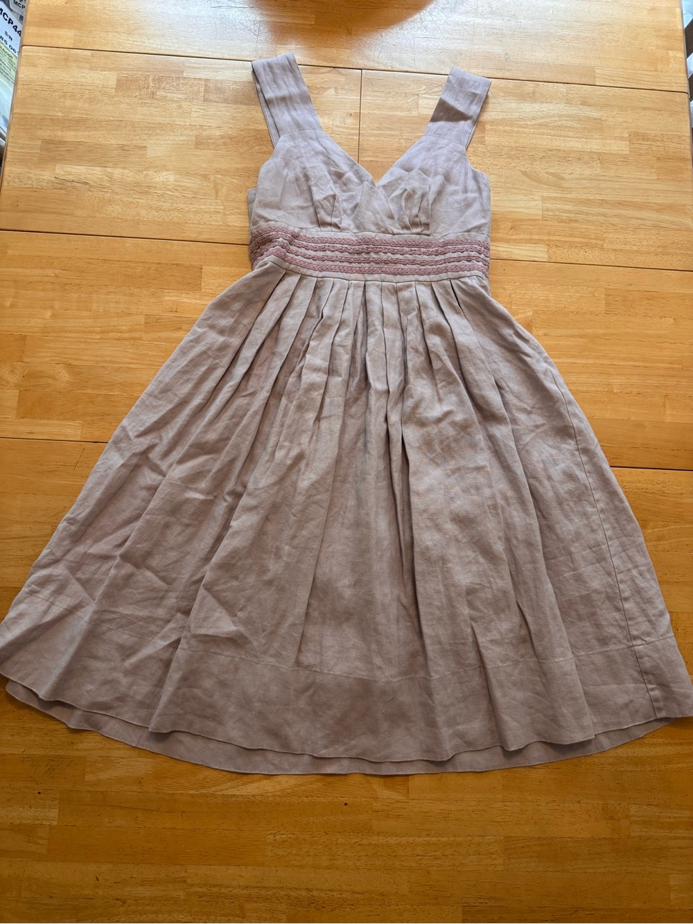 Sundance Sleeveless Mauve-Taupe Linen Dress with Smocked Waist
